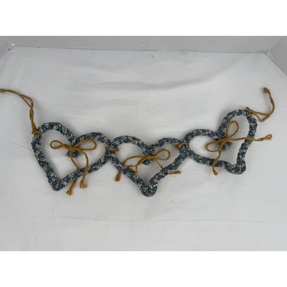 Handmade Braided Fabric Heart Garland‎ Blue White Calico Farmhouse Decor 19 Inch